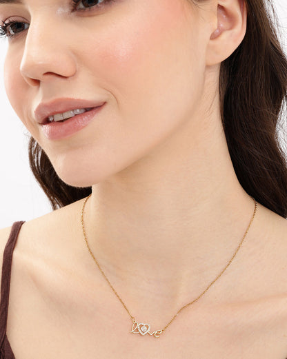 Gold Plated CZ Sparkle Solitaire Love Heart Script Necklace