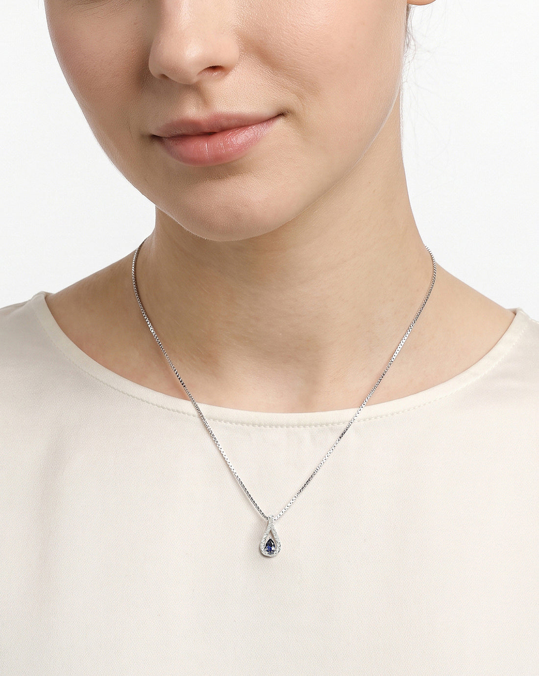 925 Sterling Silver Rhodium Plated Sapphire Blue Studded Teardrop Pendant and Chain