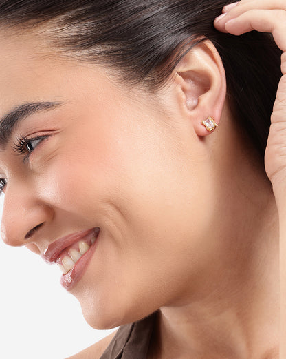 Gold-Plated Petite Emerald-Cut Solitaire CZ Stud Earrings
