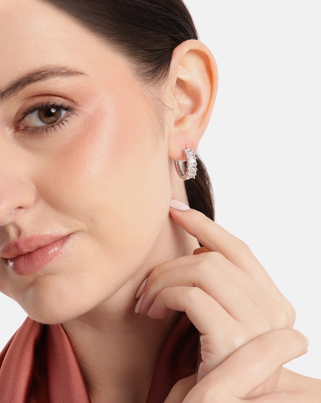 Rhodium Plated Studded Hoop Earring with Baguette CZ