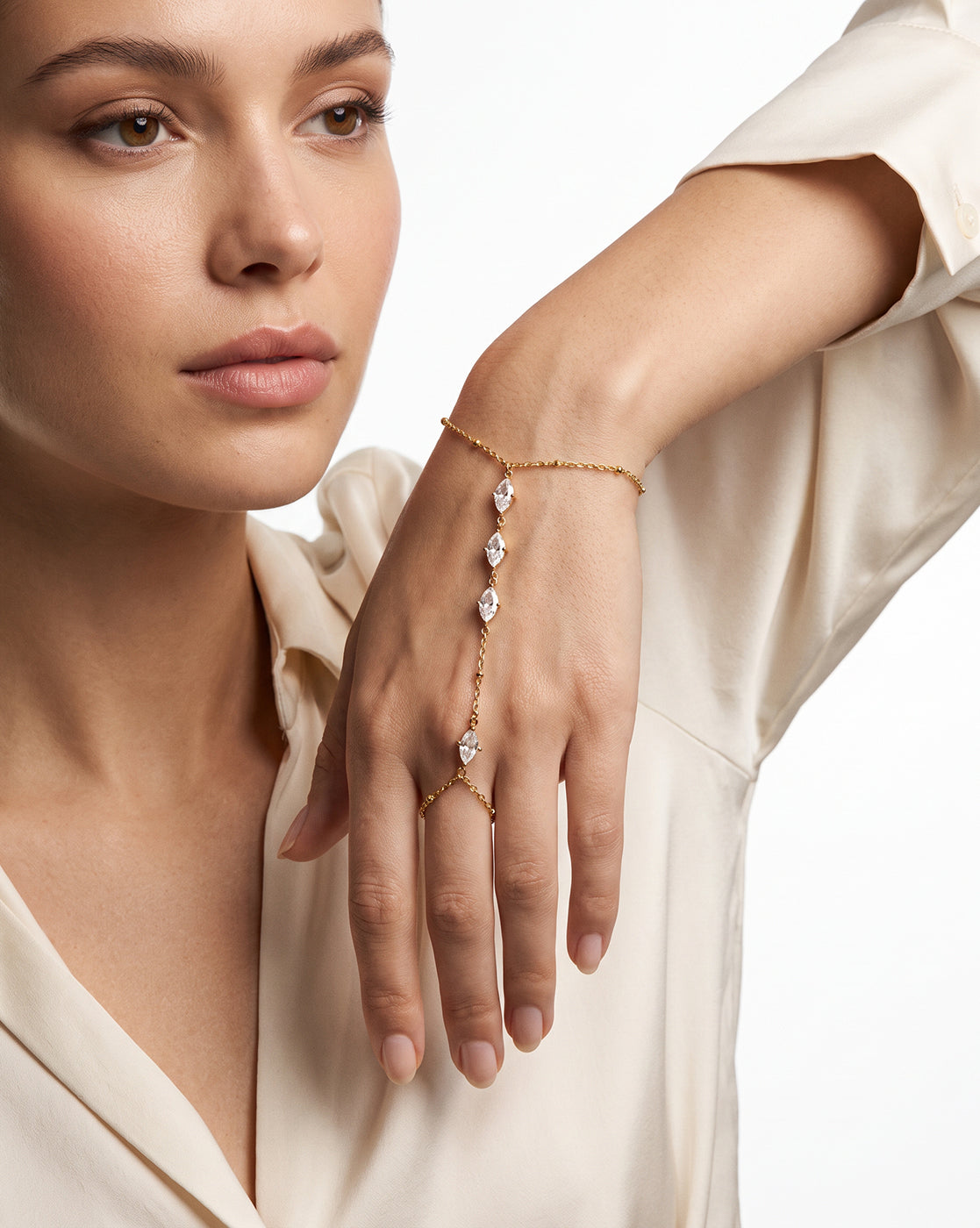 Contemporary Gold Plated Solitaire Hand Chain Bracelet