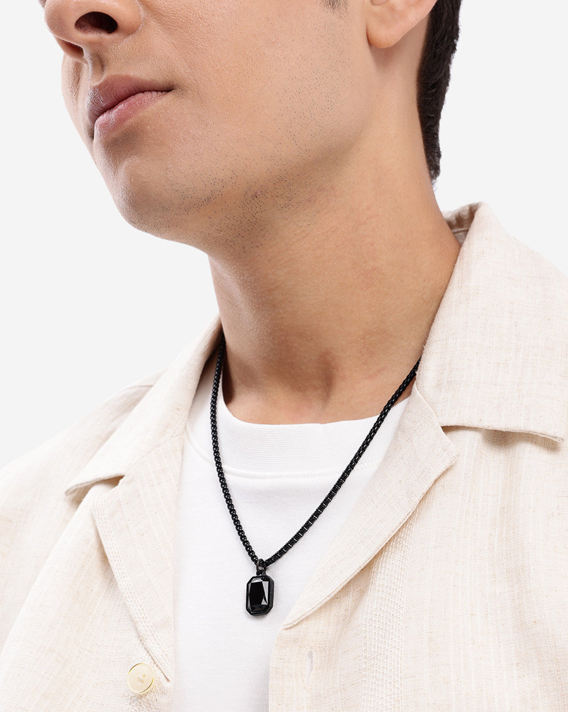Men Stainless Steel in Black Toned Box Chain &amp; Stone Octagon Pendant