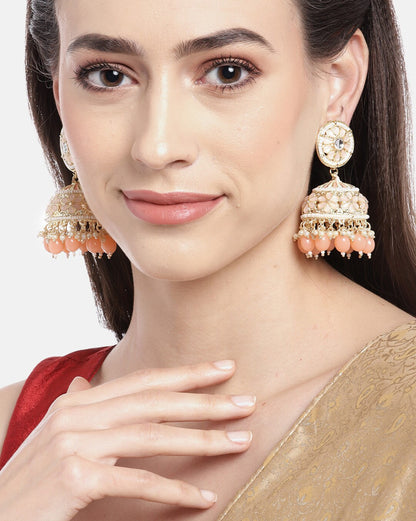 Gold Plated Kundan Lattice Jhumka Earrings with Peach Teardrop Bead Drops