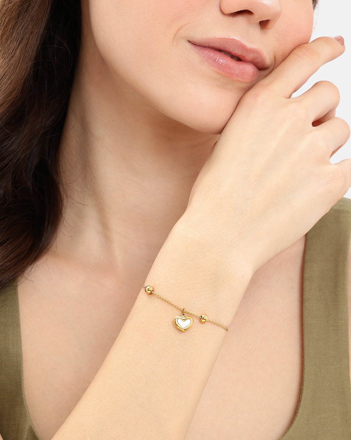 Double Sided Gold Plated Heart &amp; Faux Pearl Reversible Charm Adjustable Bracelet
