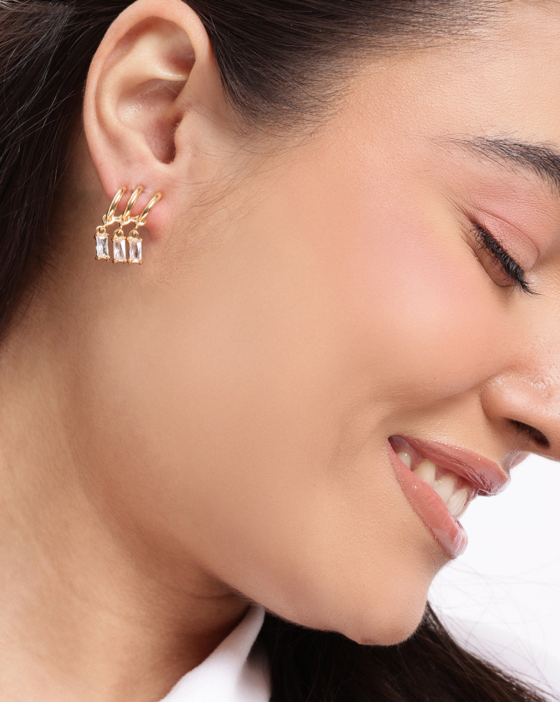 Gold Plated Dangling Solitaire Half Hoop Earring