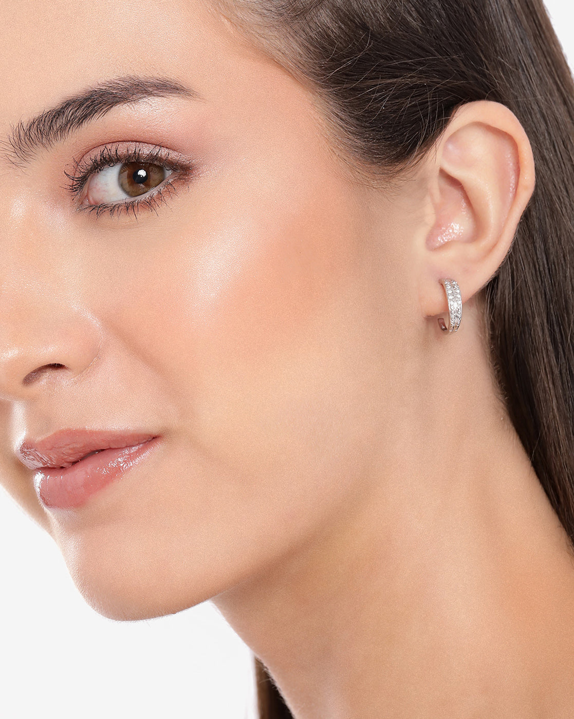 925 Sterling Silver Rhodium Plated CZ Textured Mini Half Hoop Earring