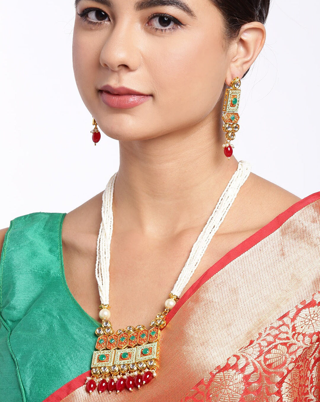Gold Plated Kundan and Ethnic Pearl Multi-Strand Necklace and Earring Set