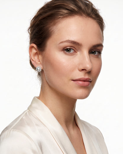 Silver Plated CZ Studded Pearl Halo Floral Stud Earring
