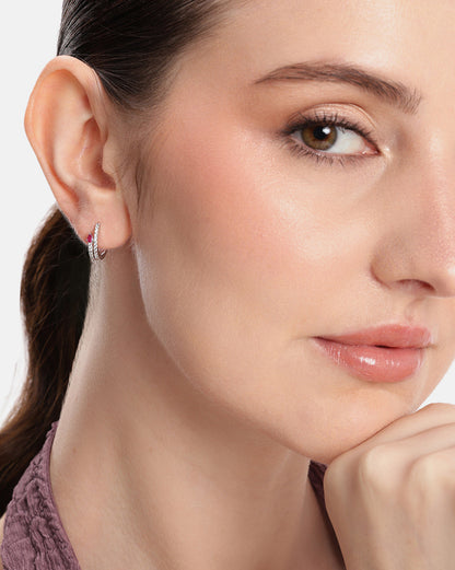 Rhodium Plated Ruby Red Studded Mini Hoop Earring