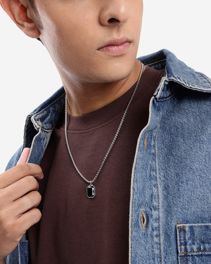 Men Stainless Steel with Black Stone Octagon Pendant and Chain