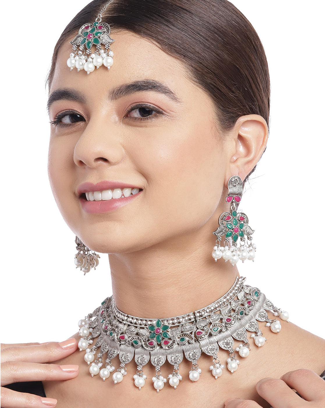 Silver Plated Oxidised Pearl &amp; Red Green Stone Studded Jewellery Set