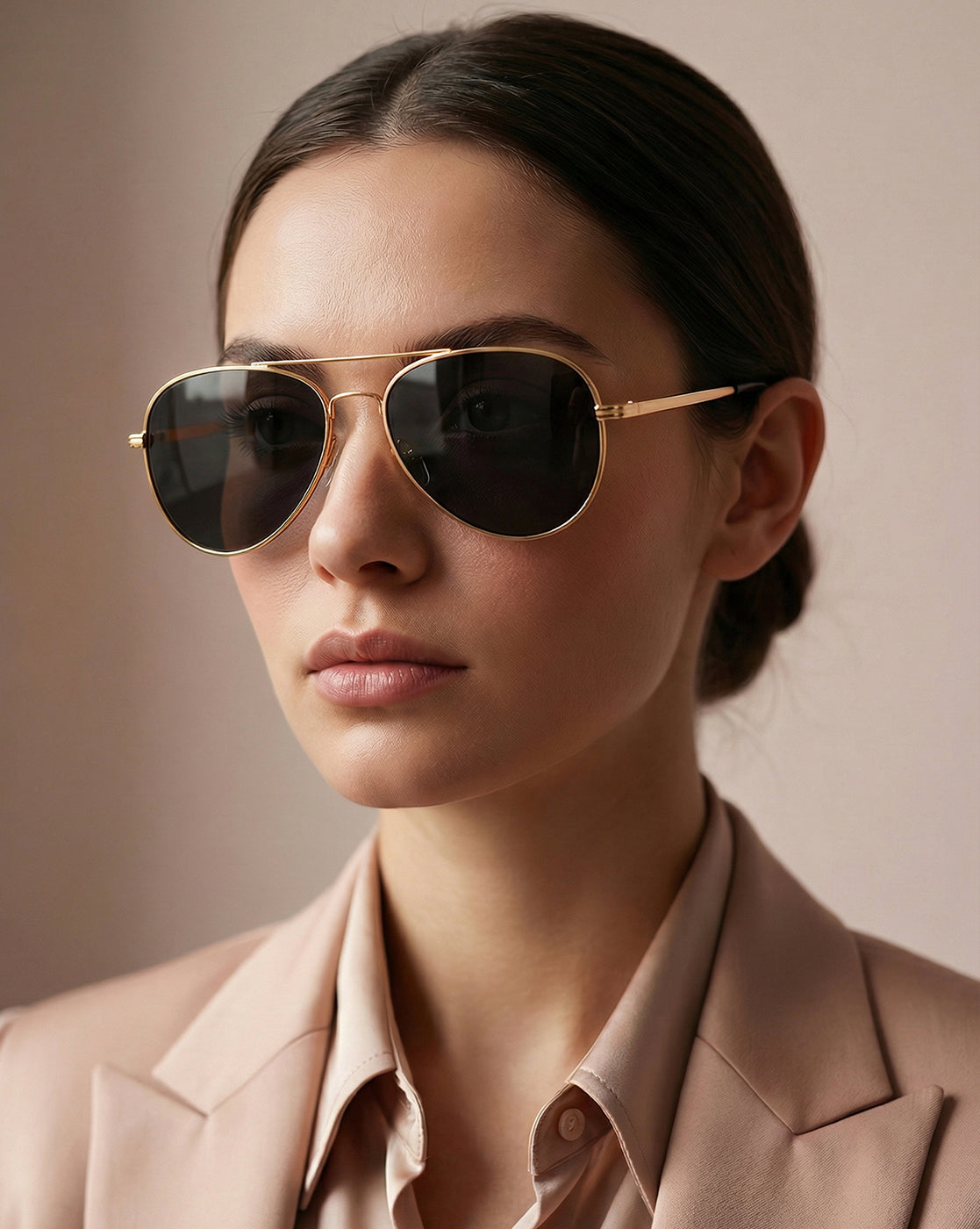 Women Gold and Black Toned Black Polarised Lens Aviator Sunglasses