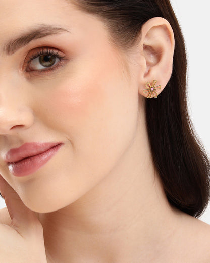 18kt Gold Plated Petal Bloom Enamelled Floral Stud Earring
