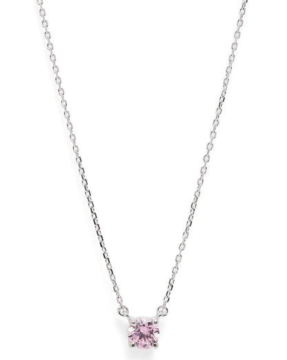 Rhodium Plated Dangling Pink Solitaire Necklace