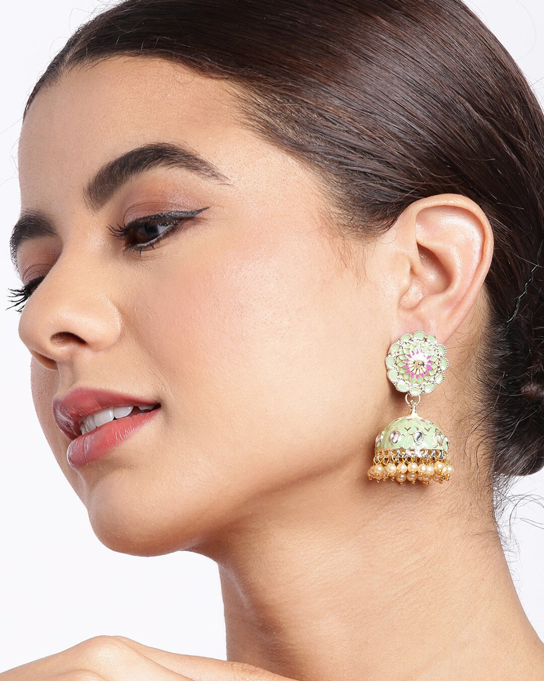 Gold Plated Kundan and Pearl Green Enamel Floral Dome Jhumka Earring