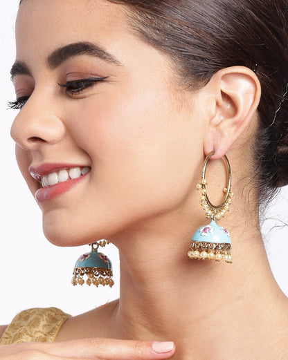 Gold Plated Enamel Meenakari Jhumka Earrings with Pearl Drops