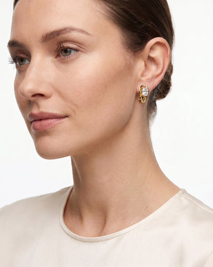 Gold-Plated Oval Solitaire Half Hoop Earrings