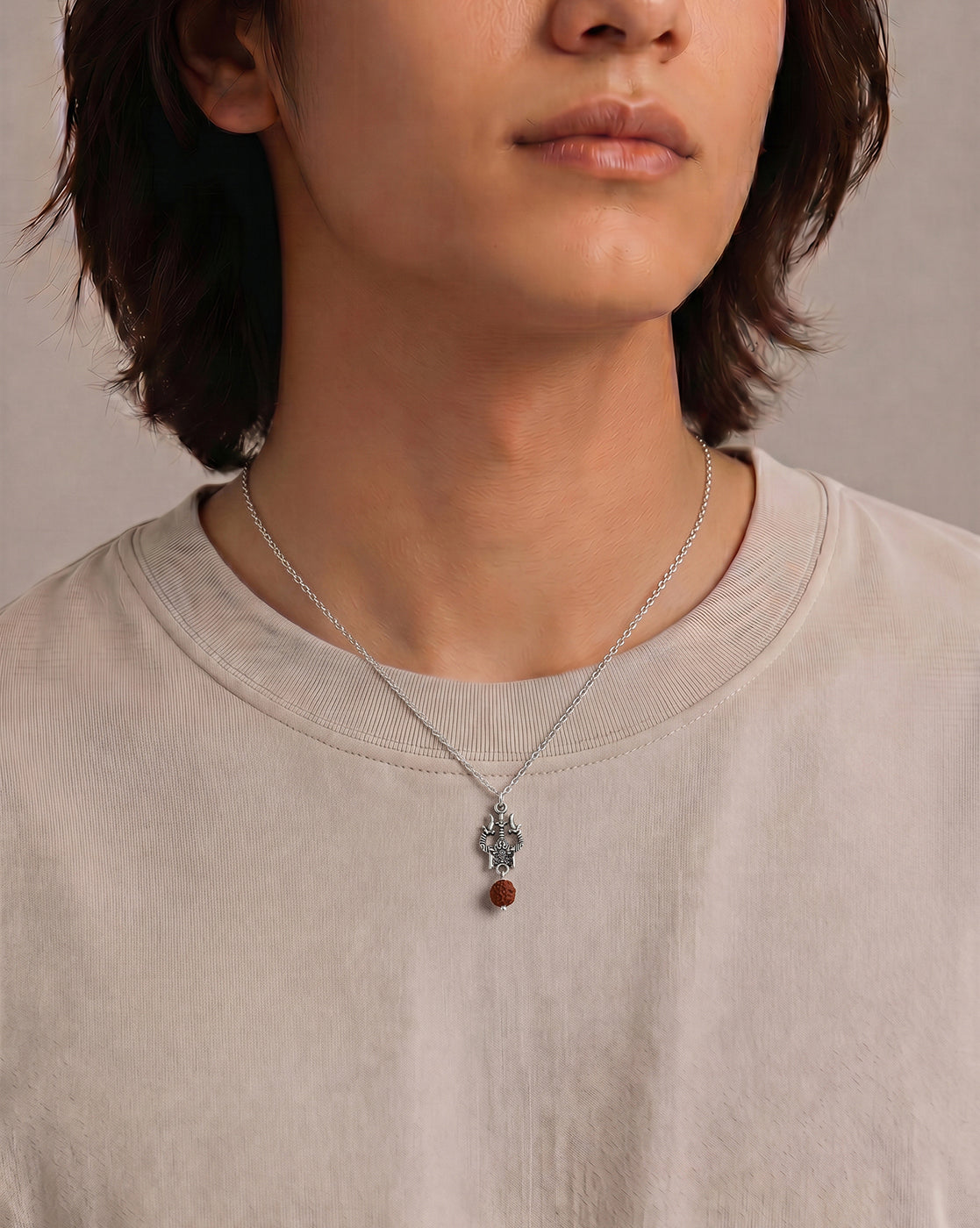 Oxidized Lord Shiva Trishul Damru and Natural Rudraksha Pendant with Chain for Unisex