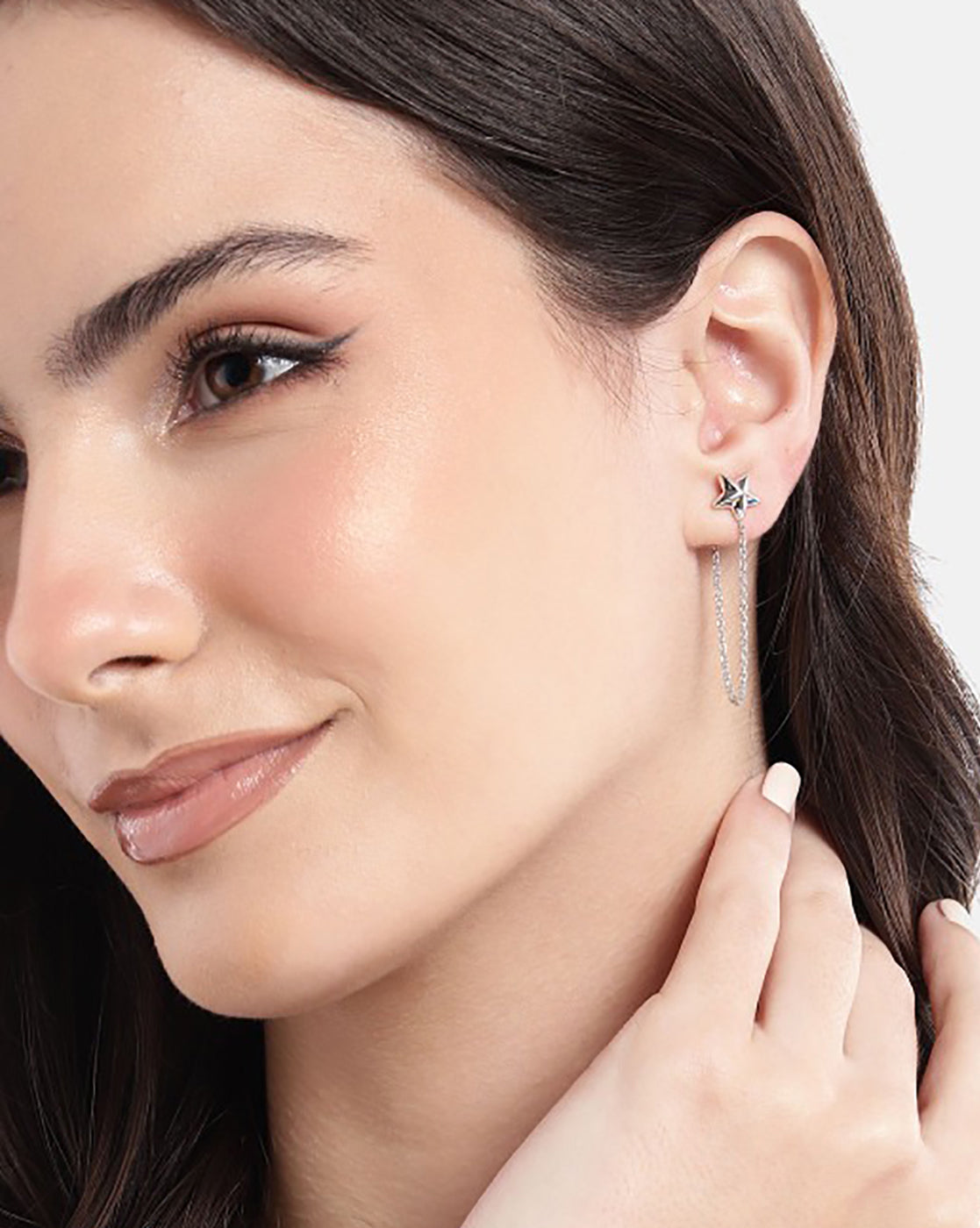 925 Sterling Silver Rhodium Plated Star Stud with Chain Mismatch Earring