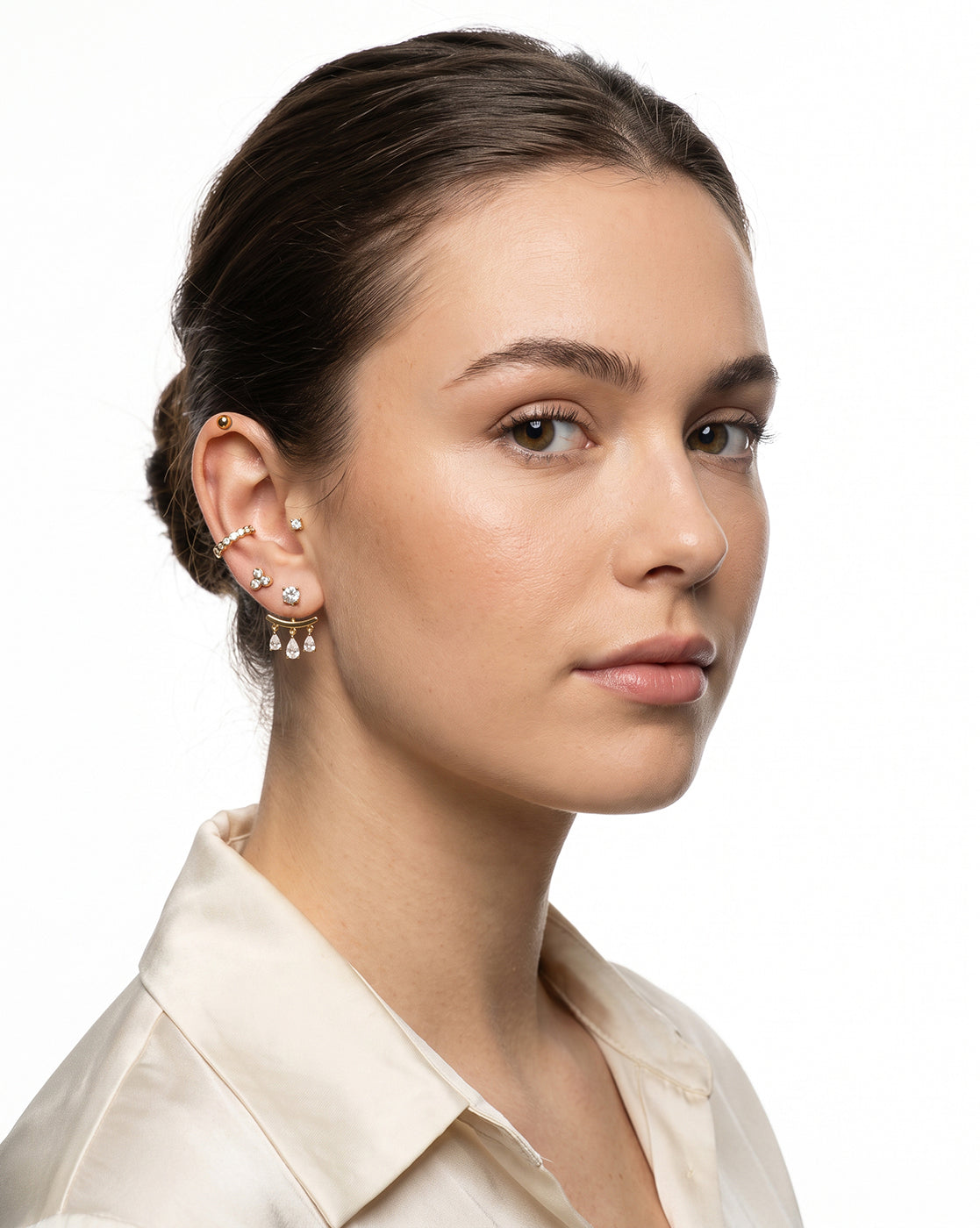 Gold Plated Designer Ear Cuff, Petite Stud &amp; Front-Back Earring Piercing Set