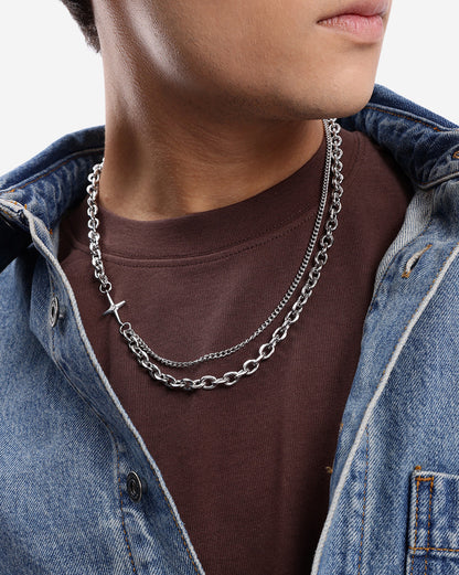 Men Silver Plated Stainless Steel CZ layered Necklace