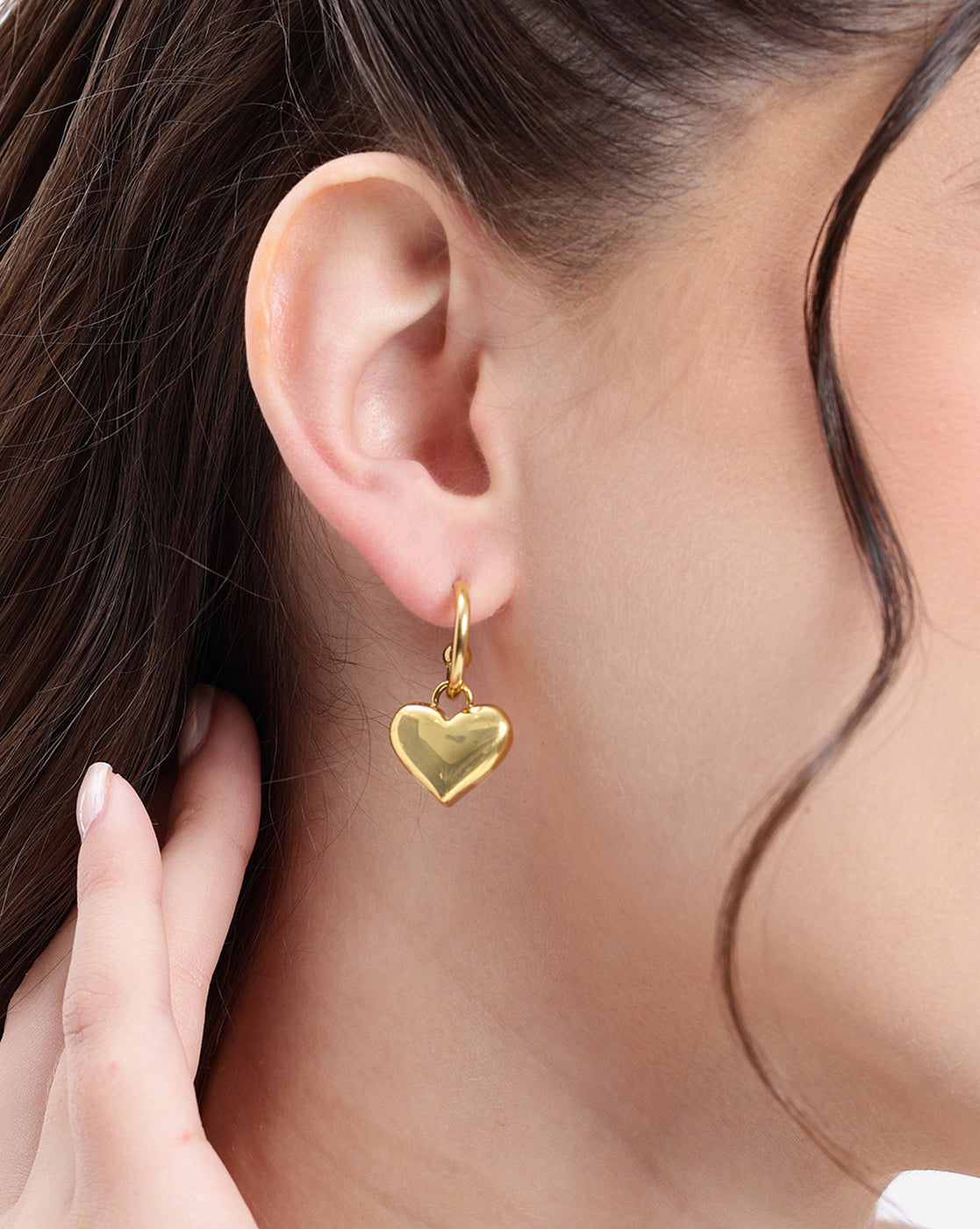 18kt Gold Plated Dangling Puff Heart Half Hoop Earring