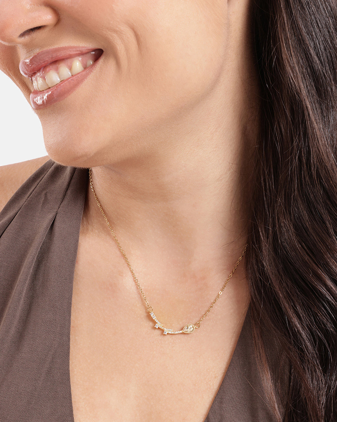 Gold Plated CZ Studded and Citrine Yellow Solitaire Contemporary Necklace