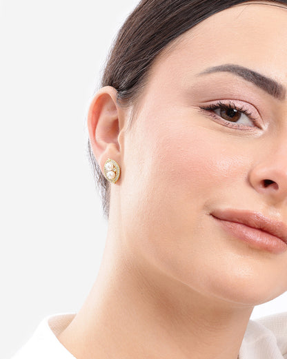 Premium Gold-Plated Twin Pearl CZ Oval Stud Earring