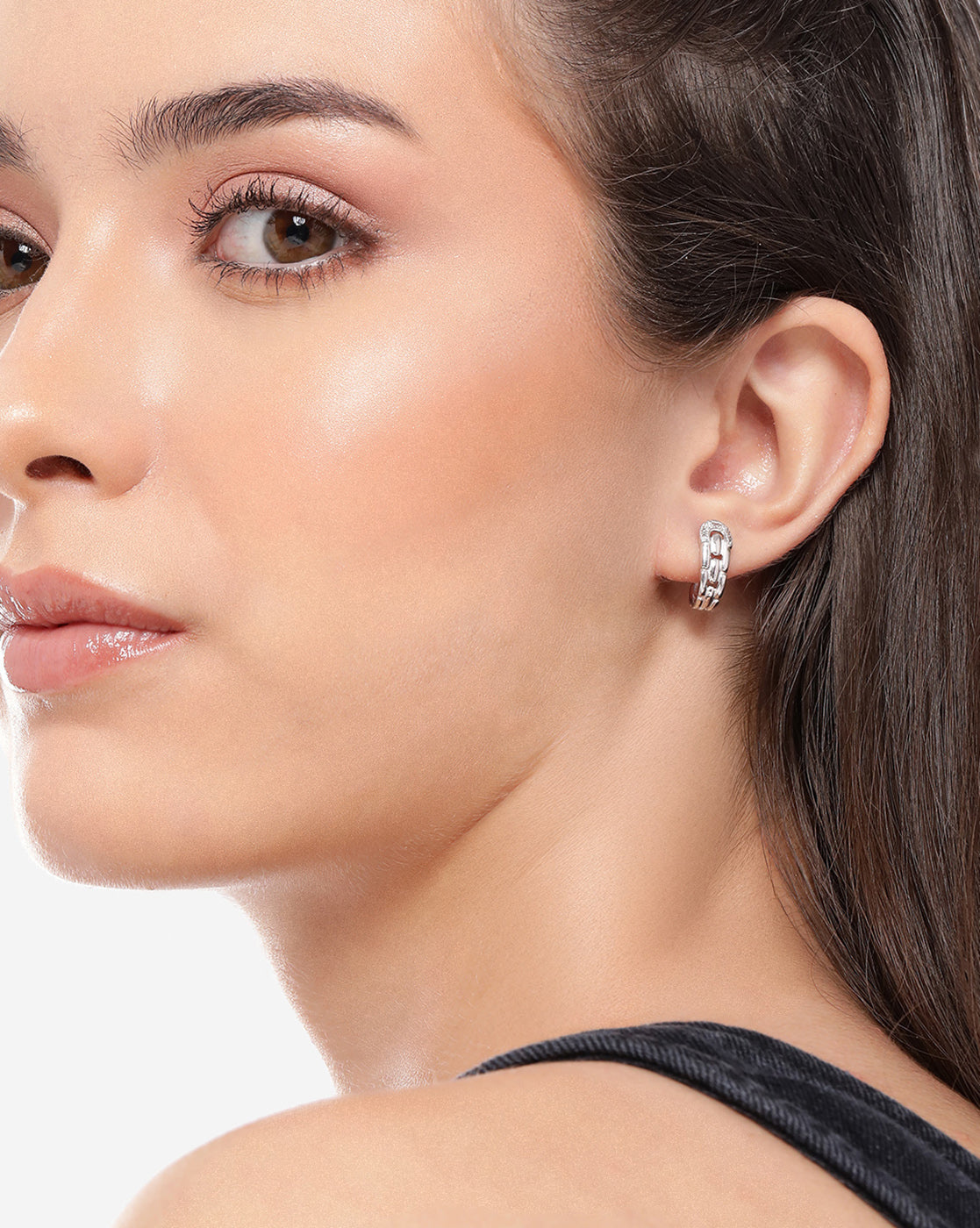 925 Sterling Silver Rhodium Plated CZ Interlock Chain Half Hoop Earring