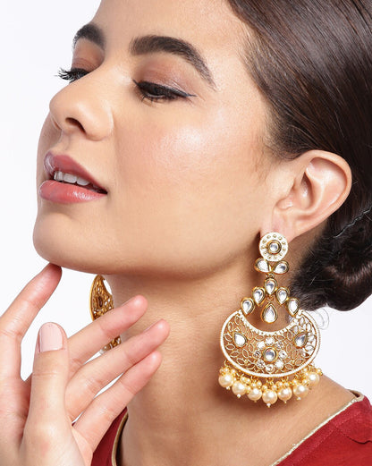 Gold Plated Polki Kundan Studded Chandbali with Pearl Drop Earring