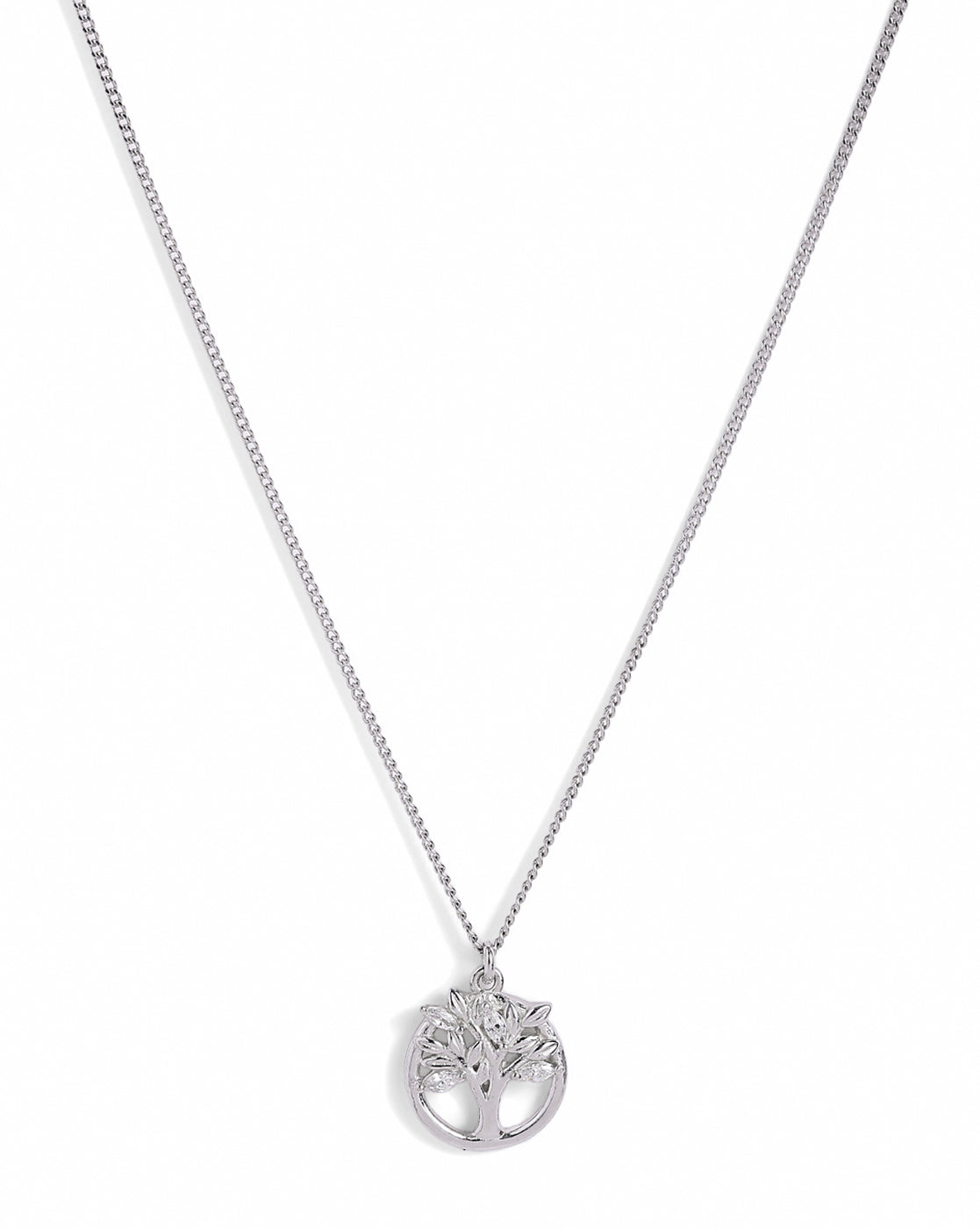 Rhodium Plated CZ Tree of Life Pendant and Chain Necklace