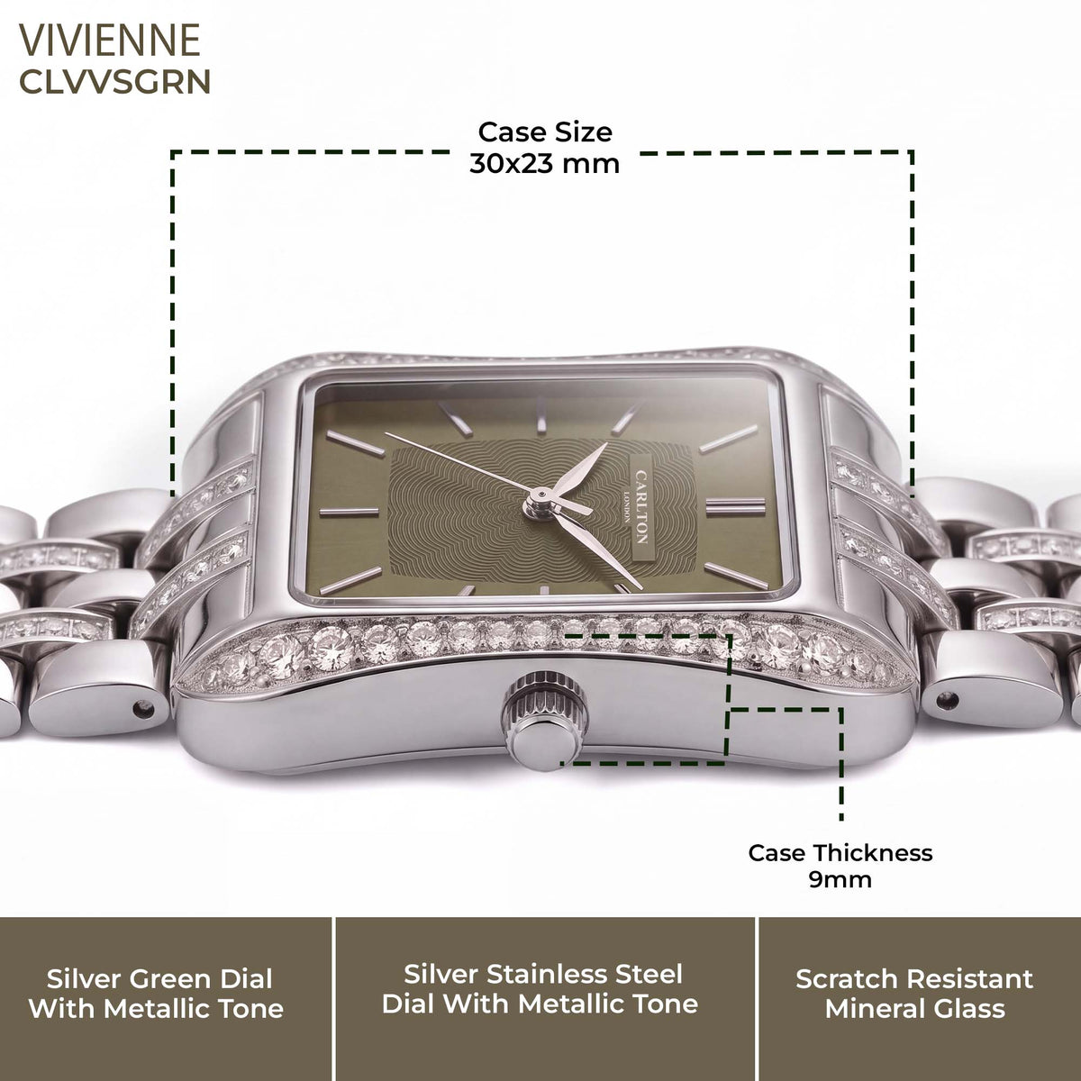 Carlton London Vivienne Women’s Watch - Olive Green Rectangle Dial, Silver Stainless Steel Strap - CLVVSGRN