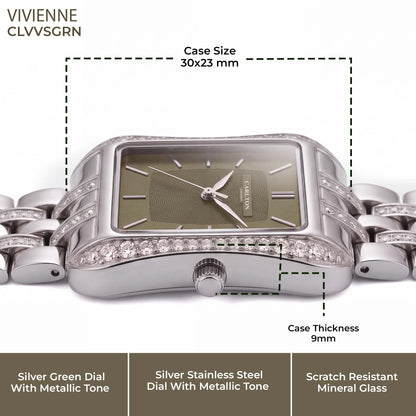 Carlton London Vivienne Women’s Watch - Olive Green Rectangle Dial, Silver Stainless Steel Strap - CLVVSGRN