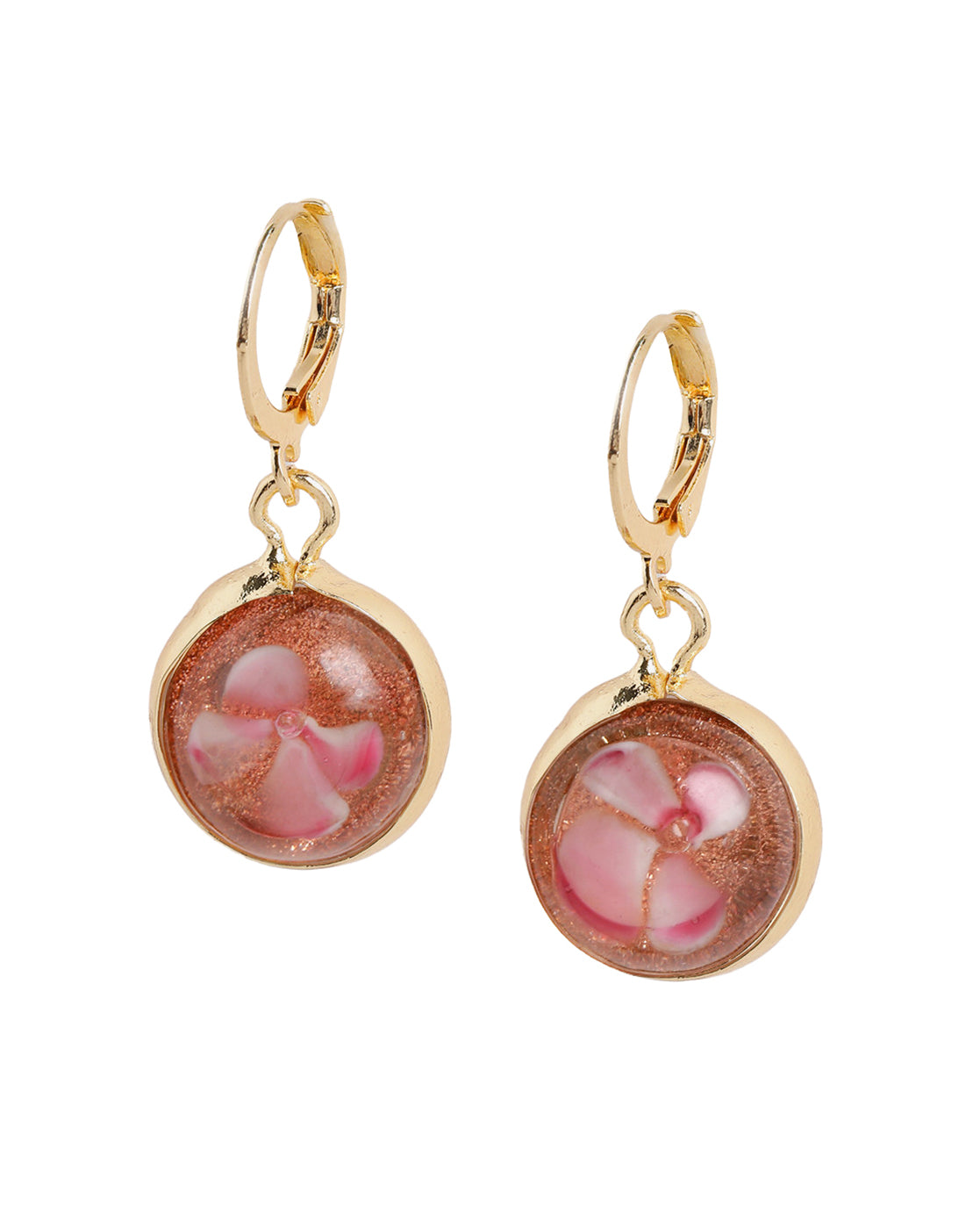 Gold Plated Artistic Dangling Pink Enamel Floral Hoop Earring