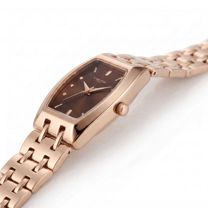 Carlton London Catherine Women’s Watch - Brown Rectangle Dial, Rose Gold Stainless Steel Strap - CL-CT-RBRN