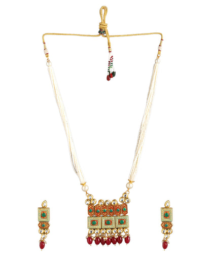Gold Plated Kundan and Ethnic Pearl Multi-Strand Necklace and Earring Set