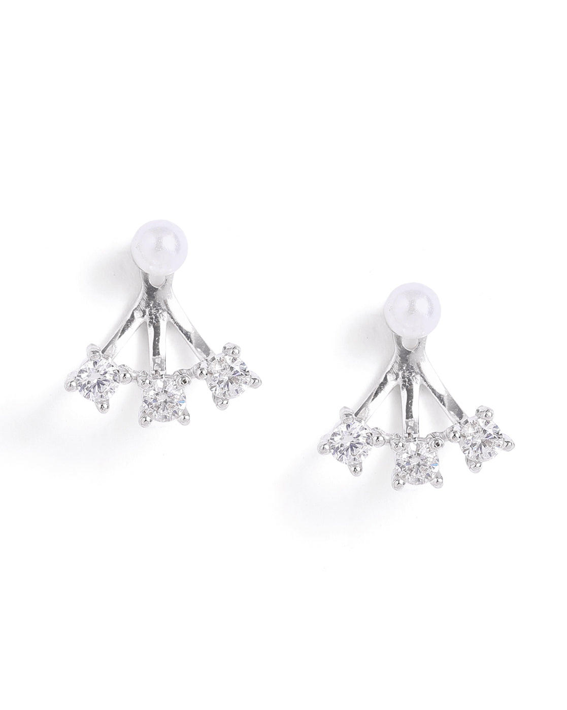 Rhodium Plated CZ Pearl Ear Jacket Earring