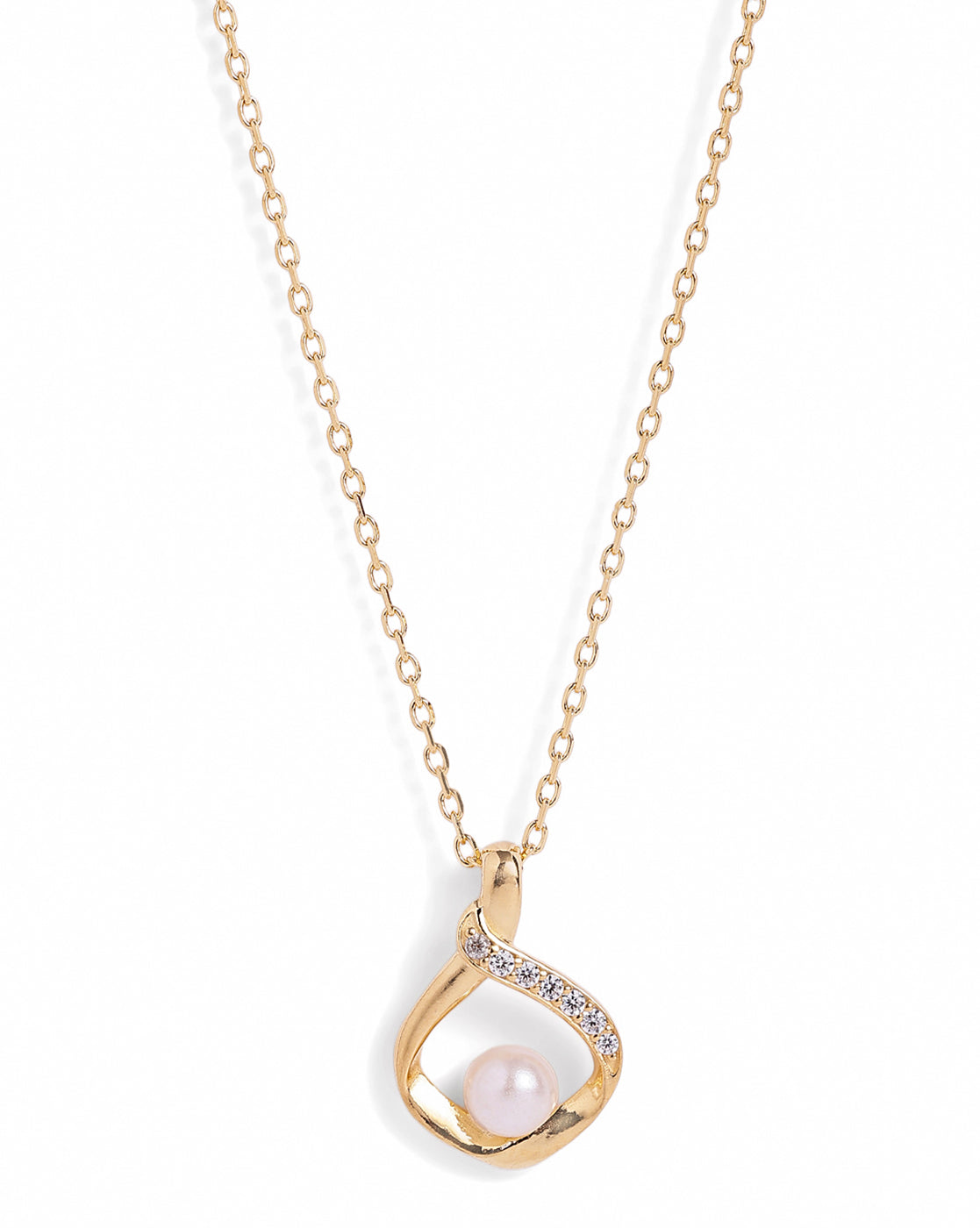18kt Gold Plated CZ and Pearl Swirl Teardrop Pendant and Chain Necklace
