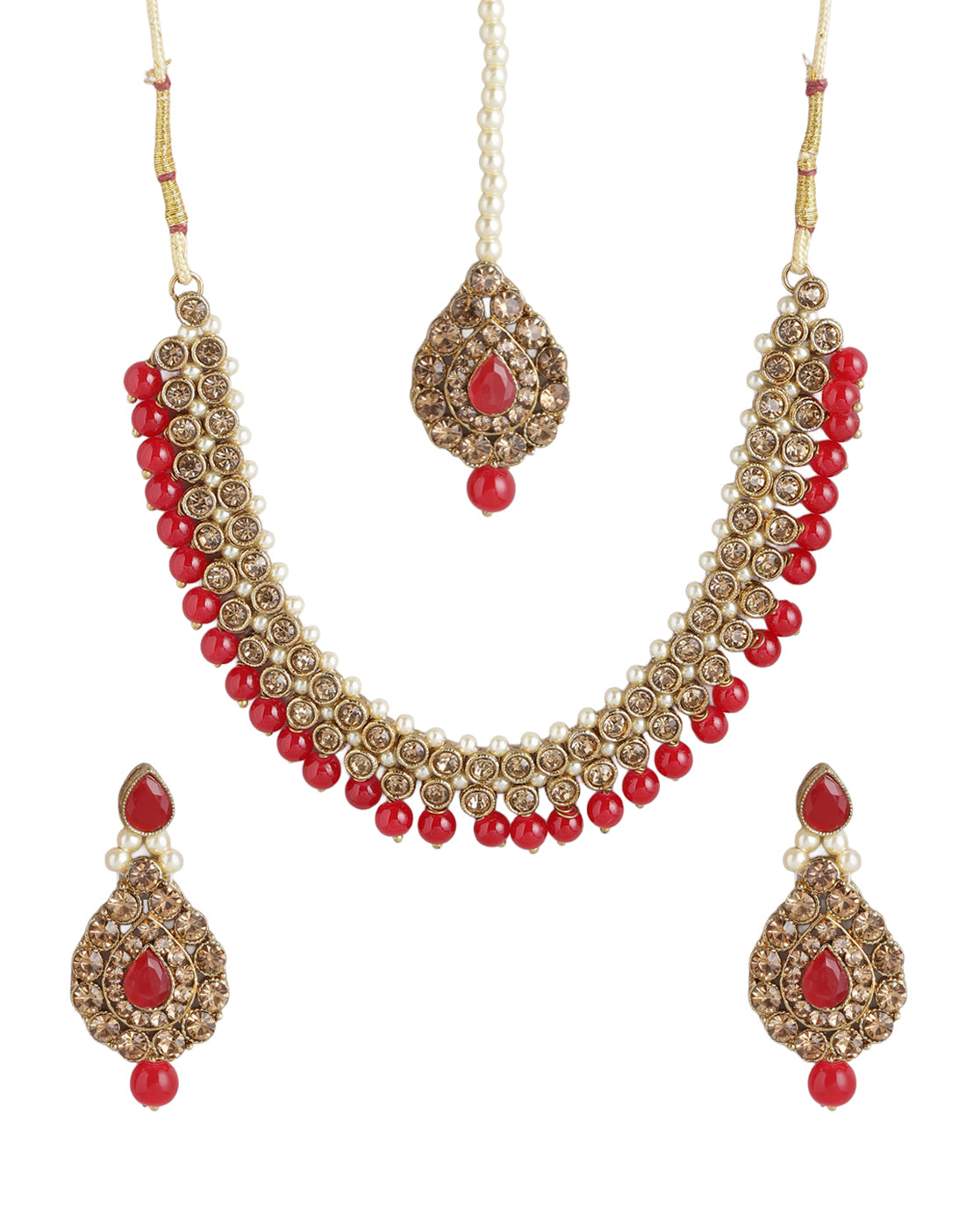 Gold Plated CZ, Pearl &amp; Red Beaded Necklace, Earrings &amp; Maang Tika Set