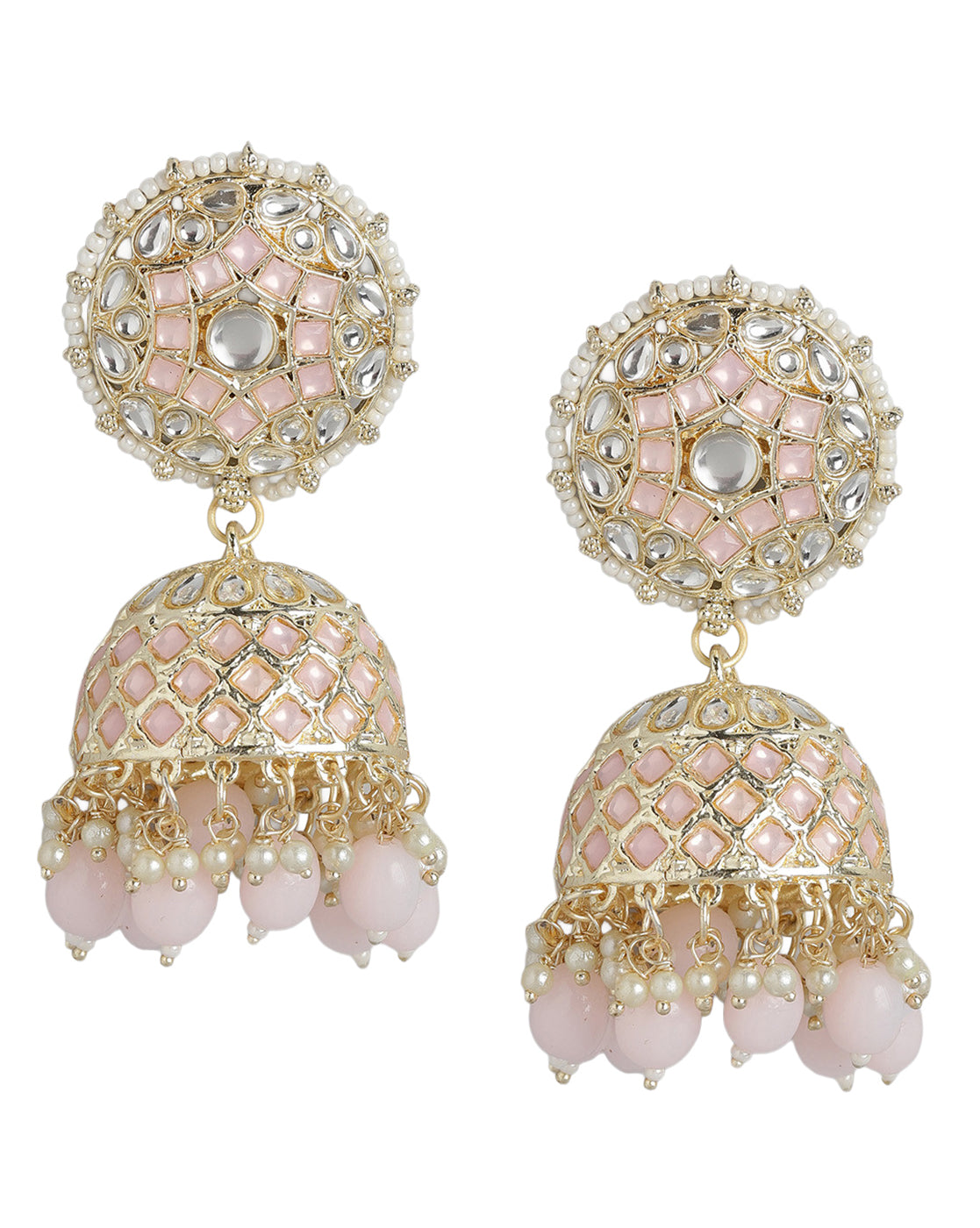 Gold Plated Kundan Studded Dome Jhumka Earring with Pink Bead Drops