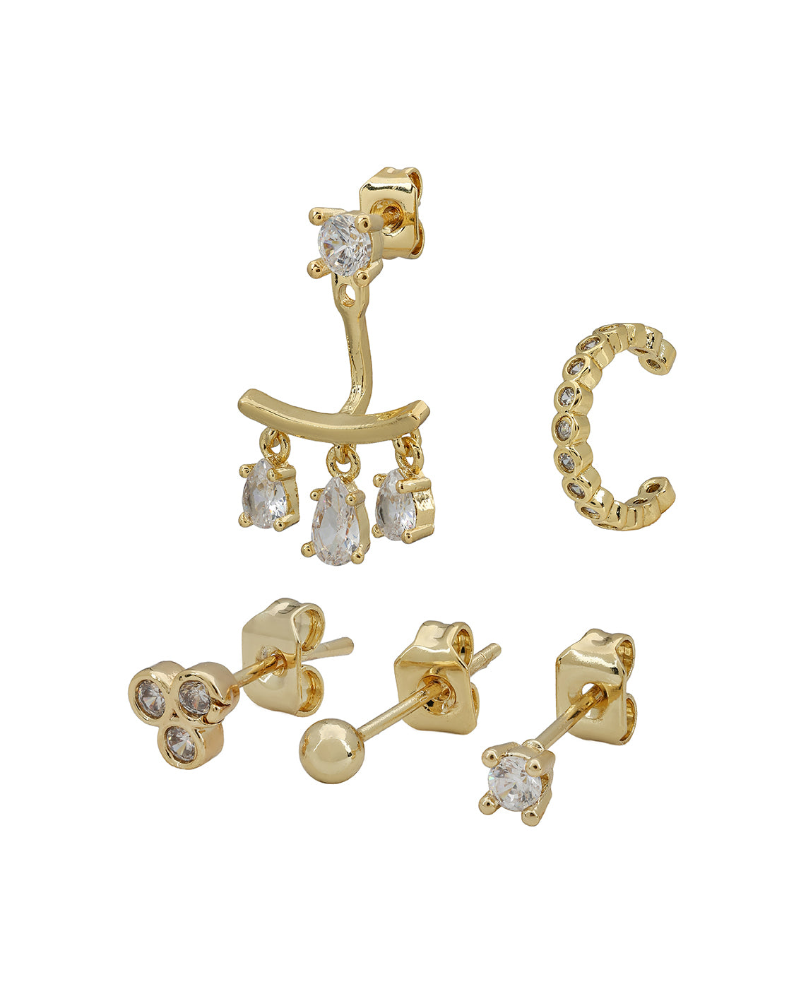 Gold Plated Designer Ear Cuff, Petite Stud &amp; Front-Back Earring Piercing Set