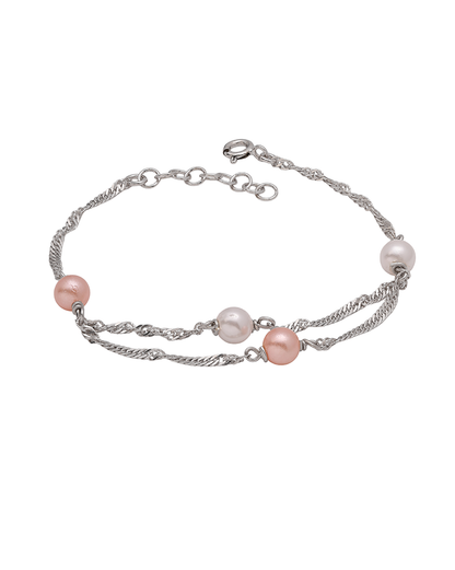 Rhodium Plated Pearl Wraparound Adjustable Bracelet