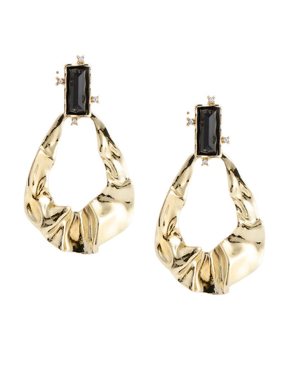 Gold Plated Statement Black Solitaire Stone Hammered Textured Drop Earrings