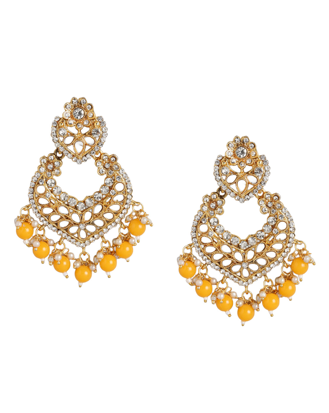 Gold Plated Mirror-Detail Chandbali Earrings with Yellow Bead Drops