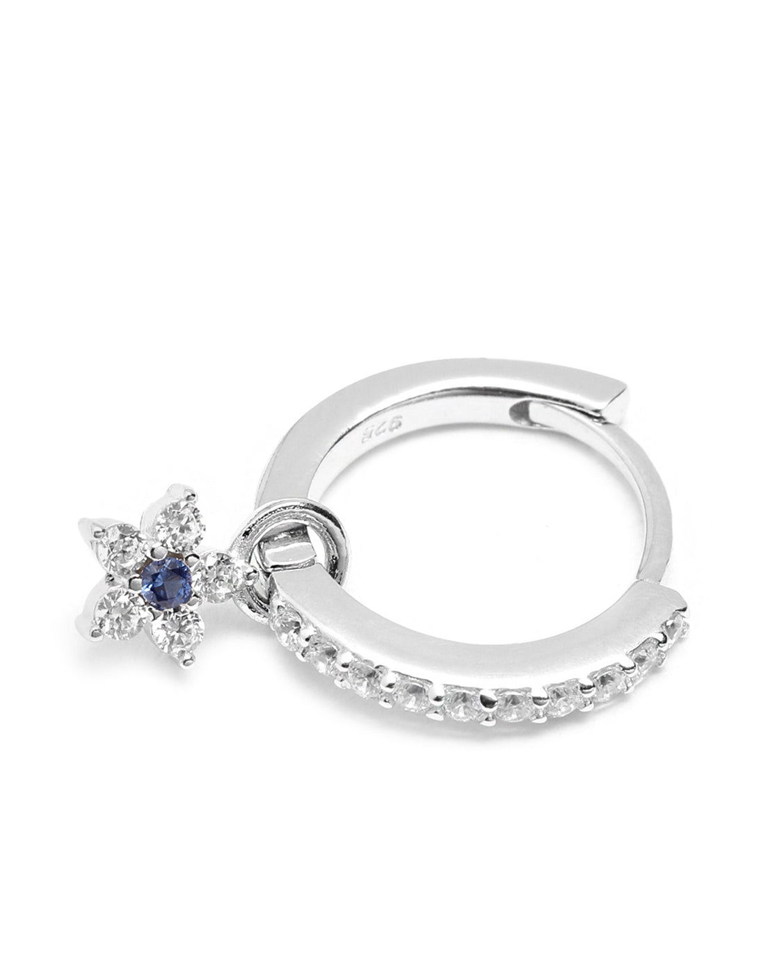 925 Sterling Silver Rhodium Plated Blue CZ Star Hoop Earring
