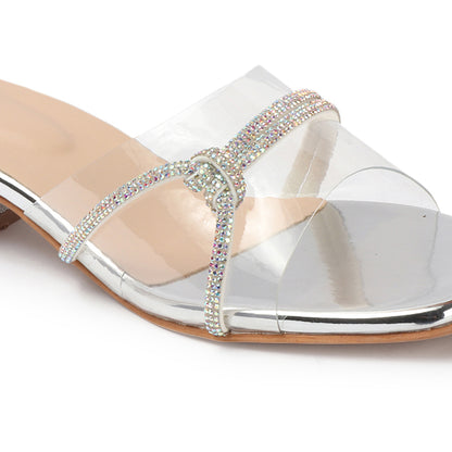 Women Embellished Block Heels Transparent Sandals