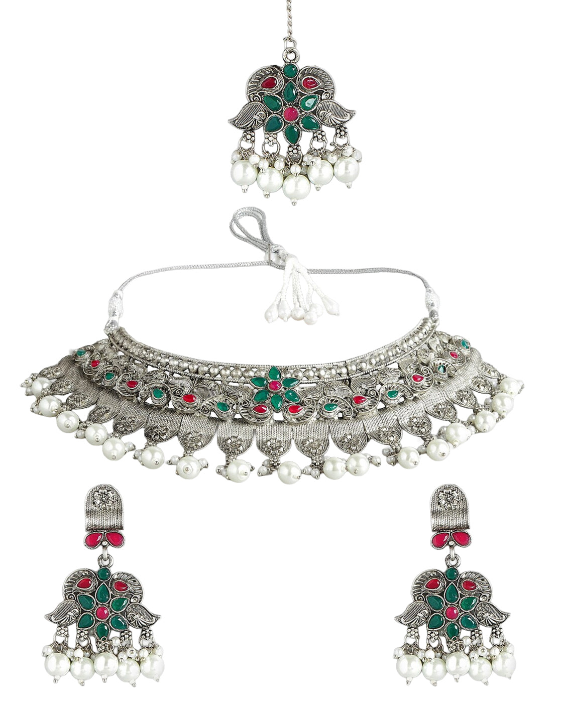Silver Plated Oxidised Pearl &amp; Red Green Stone Studded Jewellery Set