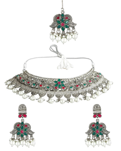 Silver Plated Oxidised Pearl &amp; Red Green Stone Studded Jewellery Set