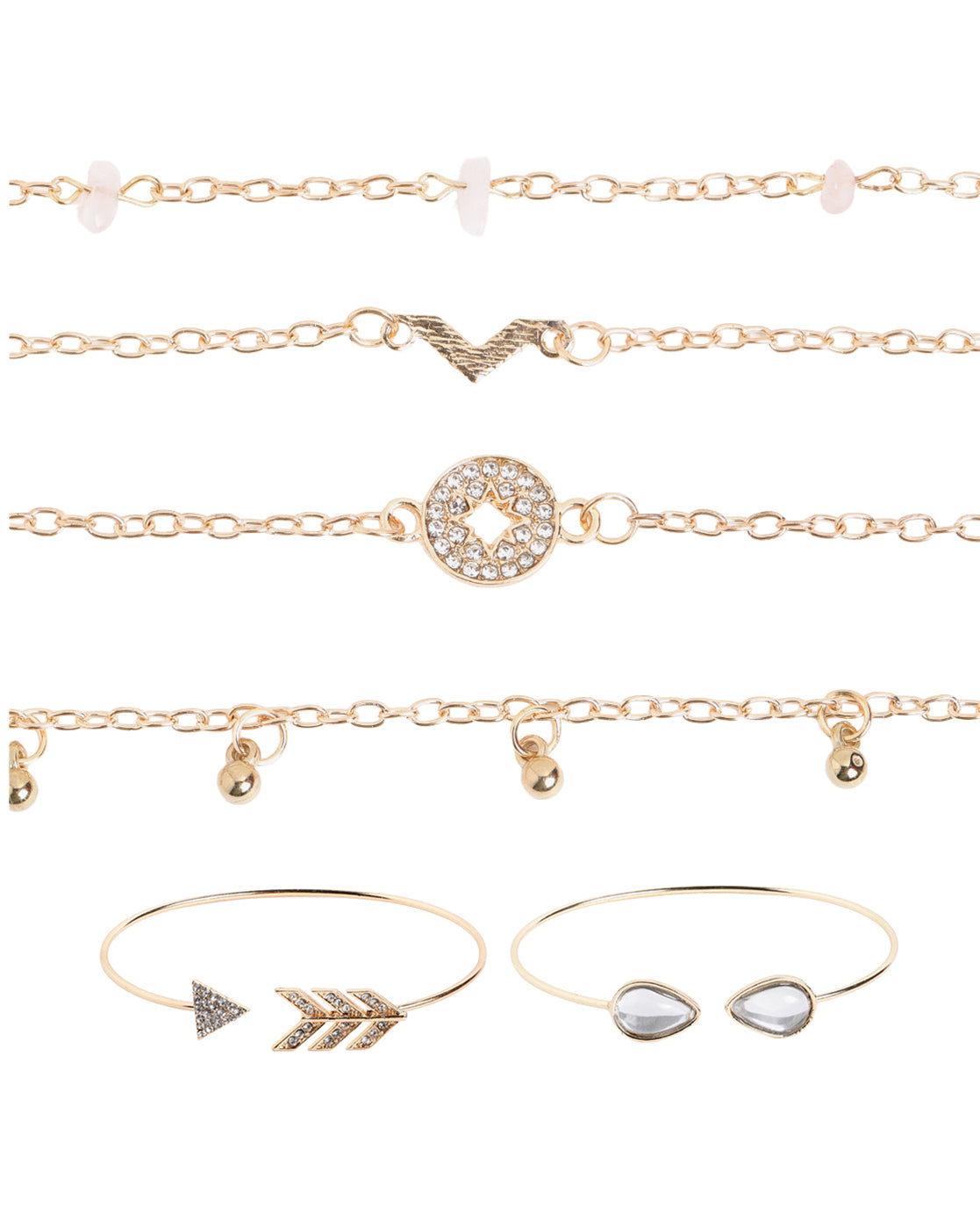 Set of 6 Rose Gold Plated CZ Studded Textured Trendy Adjustable &amp; Cuff Bracelet Multipack Set