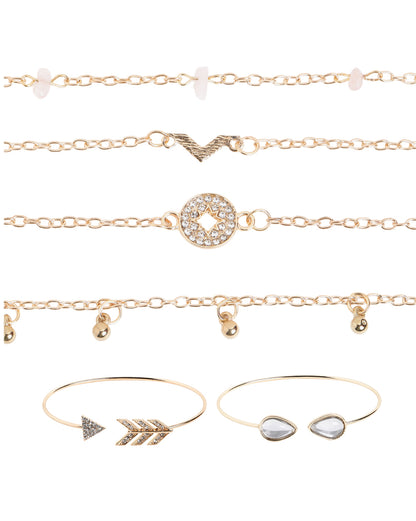 Set of 6 Rose Gold Plated CZ Studded Textured Trendy Adjustable &amp; Cuff Bracelet Multipack Set